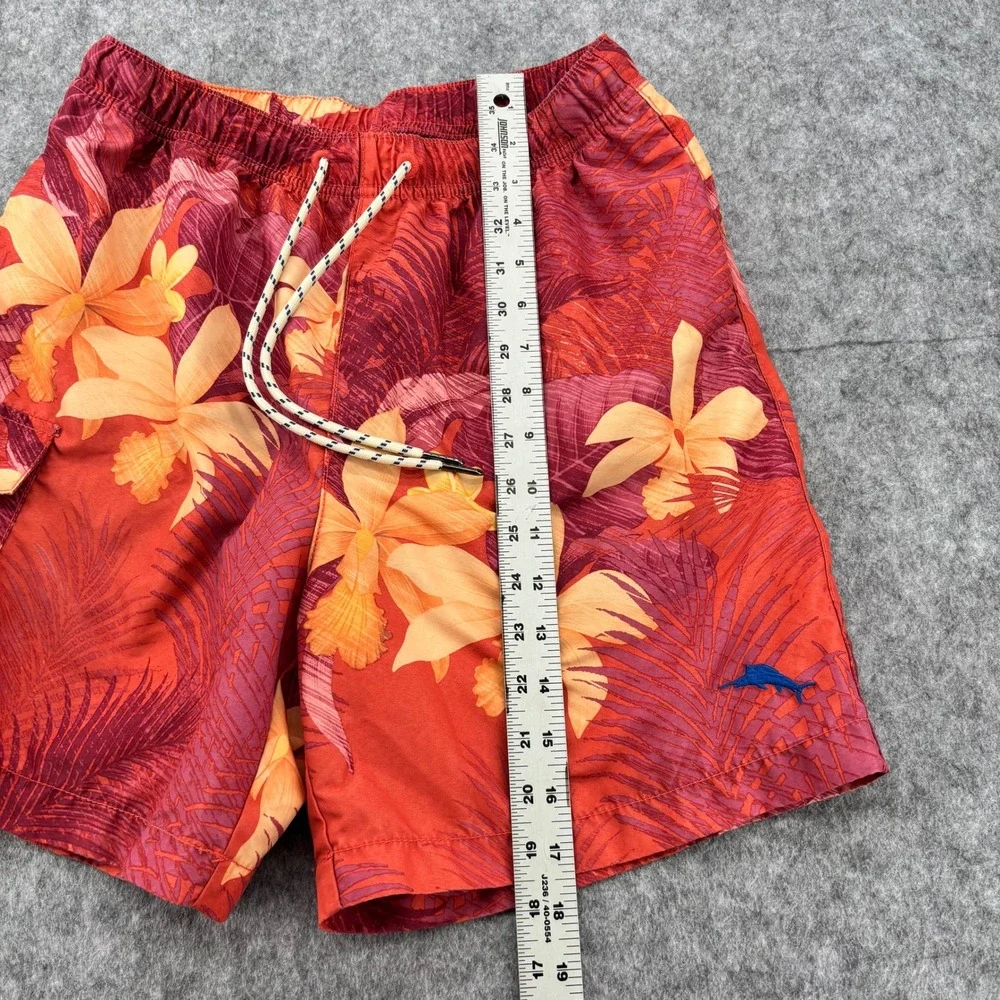 Tommy Bahama Mens Red Tropical Floral Swim Trunks Mesh Liner Cargo Pocket Sz S